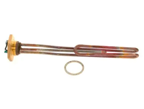 Heizeinsatz mit doppeltem Spiralkörper und Anschluss für elektrische Verkabelung, gefertigt von Bosch. Ein Dichtungsring liegt daneben.